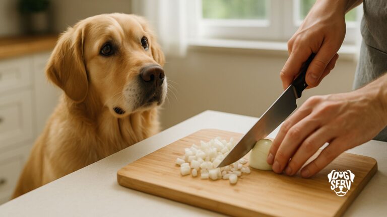 Dog Looking Up as Owner Chops Onions on Counter