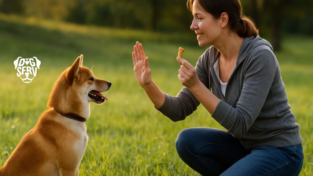 Woman kneeling in grass holding a treat while her dog sits attentively watching her