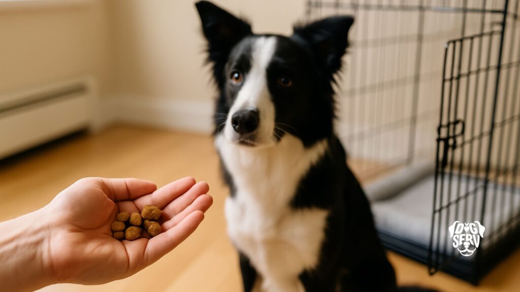 Person holding dog treats near open crate while Border Collie sits attentively during training