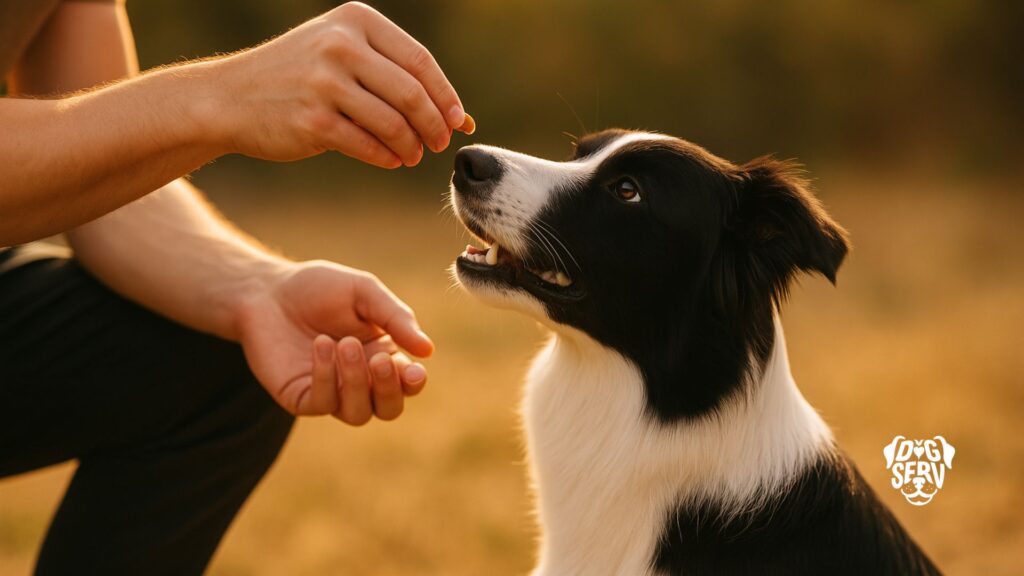 Hands offering treat to border collie dog sitting and looking up attentively during training