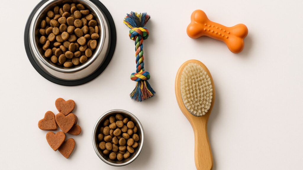 Stainless steel bowls with kibble, heart-shaped dog treats, rope toy, rubber bone, and grooming brush on a clean white surface