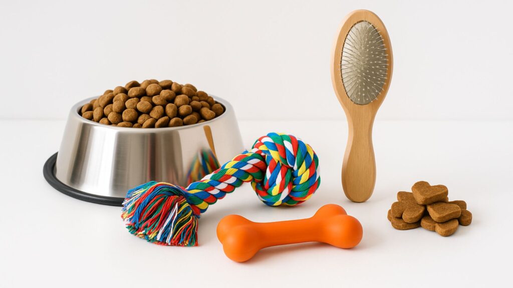 Collection of high-quality dog products including stainless steel food bowl, colorful rope toy, orange rubber bone, grooming brush, and heart-shaped treats on white background