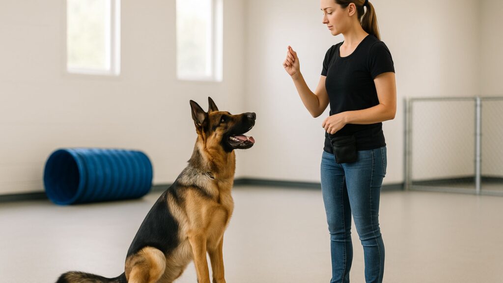 German Shepherd sitting attentively in a training facility as a professional dog trainer uses positive reinforcement techniques
