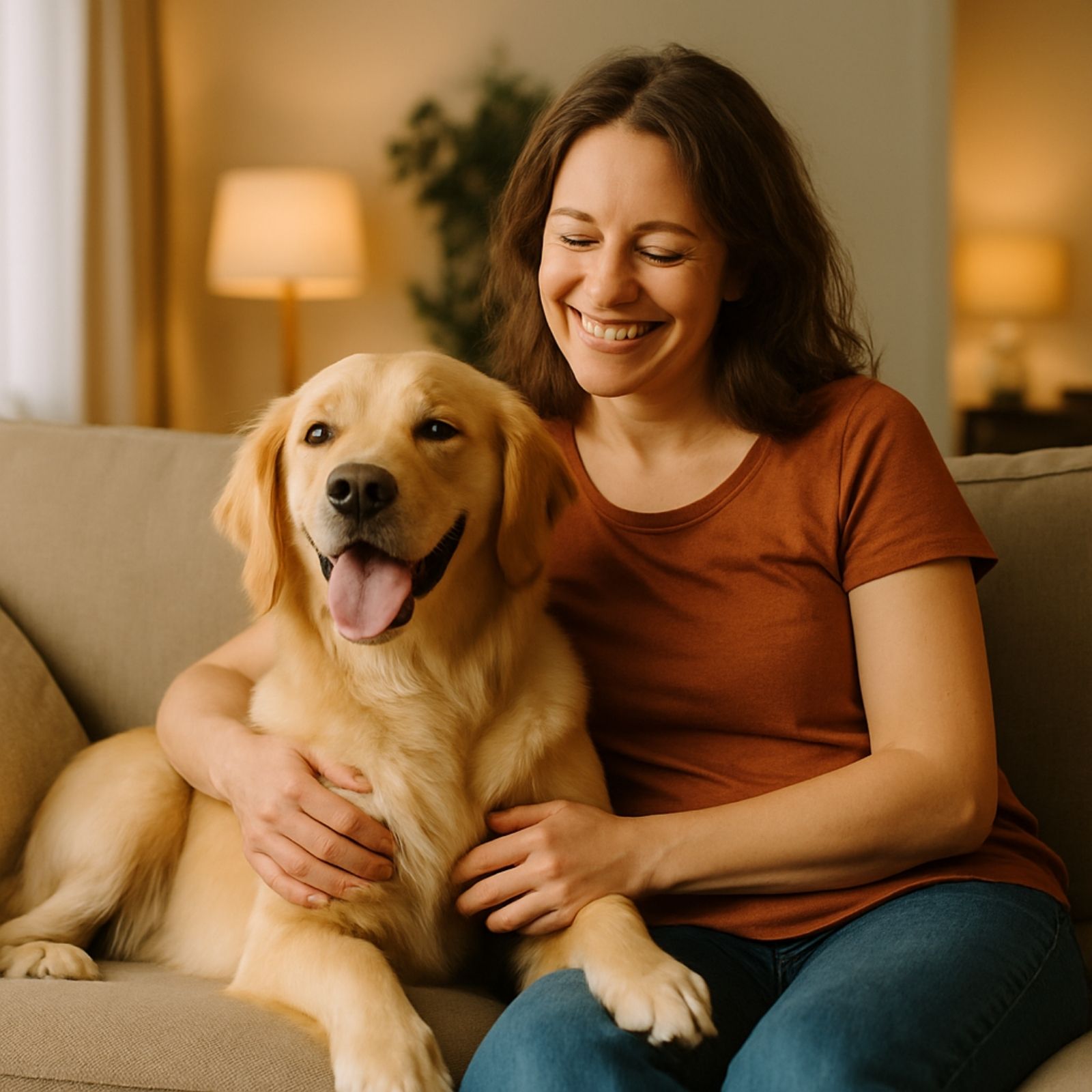 Smiling woman sitting on a sofa with her Golden Retriever resting comfortably beside her in a cozy living room