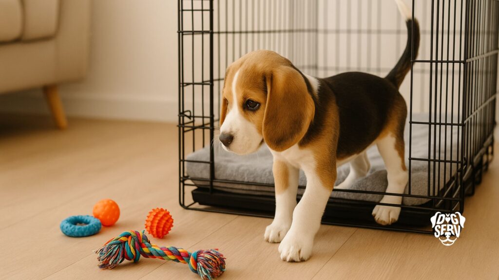 Beagle puppy with one paw at crate entrance, tail wagging, with colorful toys nearby