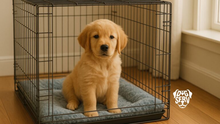 Golden retriever puppy sitting comfortably in wire crate with soft bedding on hardwood floor