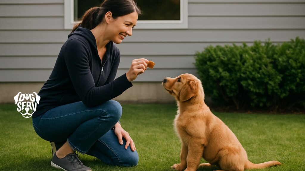 Golden retriever puppy receiving a treat from owner after going potty outside