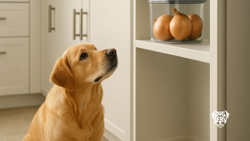 Dog Looking Up at Onions Stored Safely Out of Reach