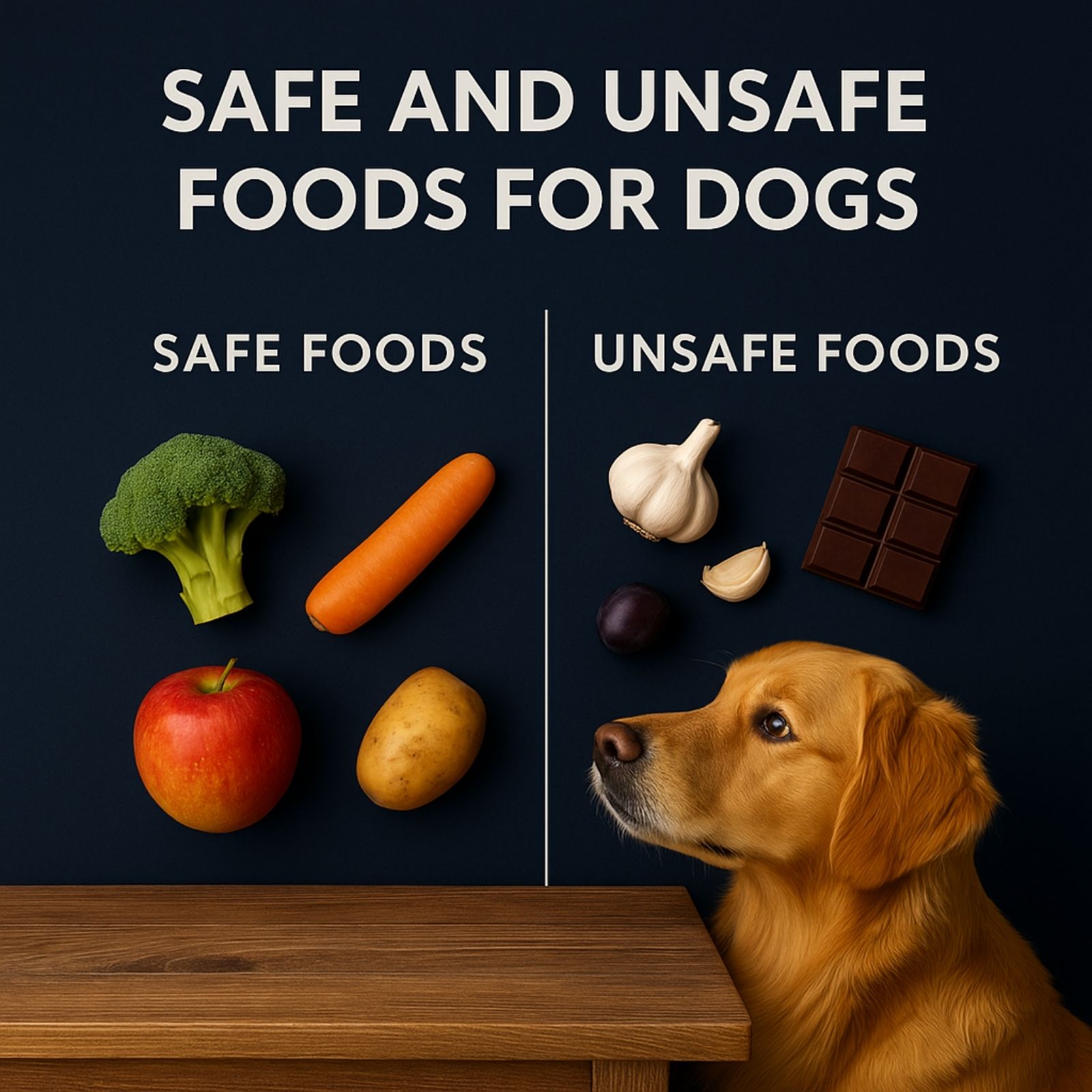 Dog-safe and dangerous foods displayed for pet owners