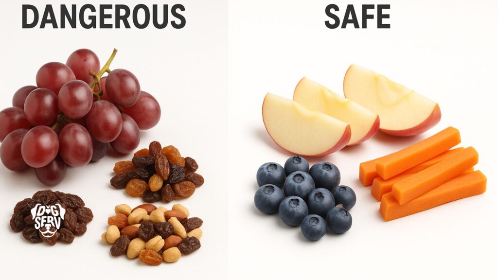 Side-by-side comparison of toxic grapes and raisins versus safe dog treats like blueberries and carrots