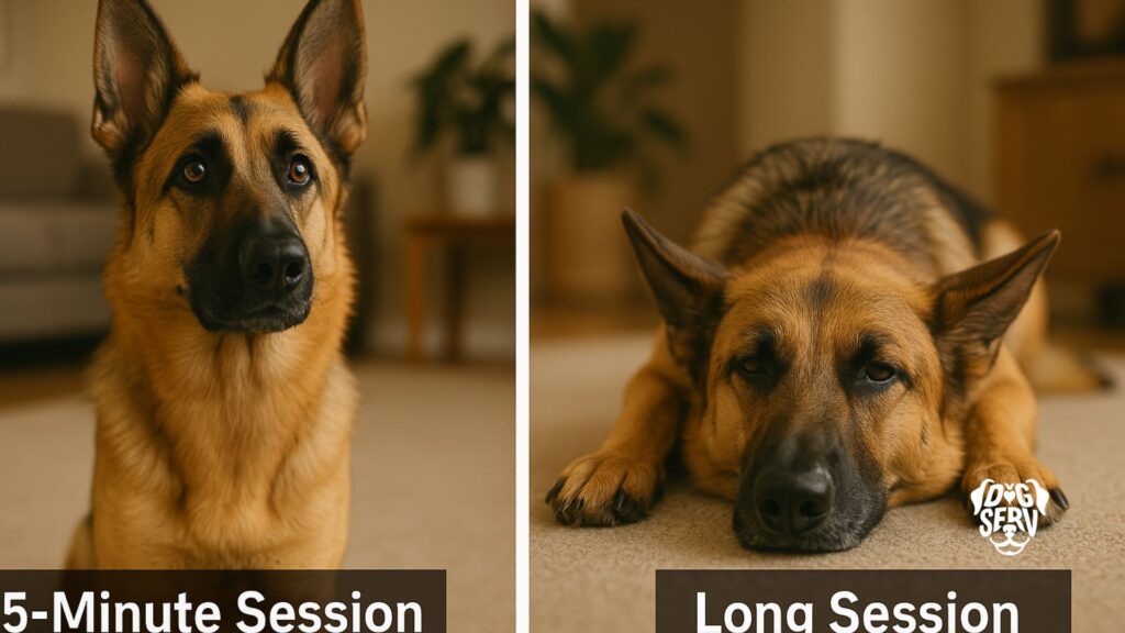 Split image comparing alert German shepherd in short training vs tired German shepherd after long session
