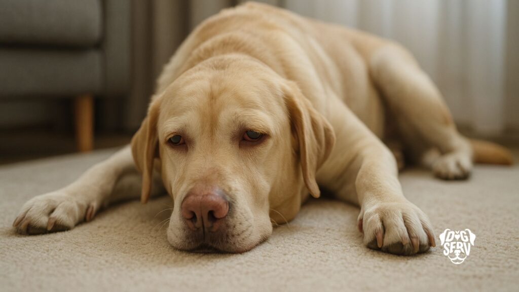 Labrador showing weakness and pale gums indoors, symptoms of onion toxicity