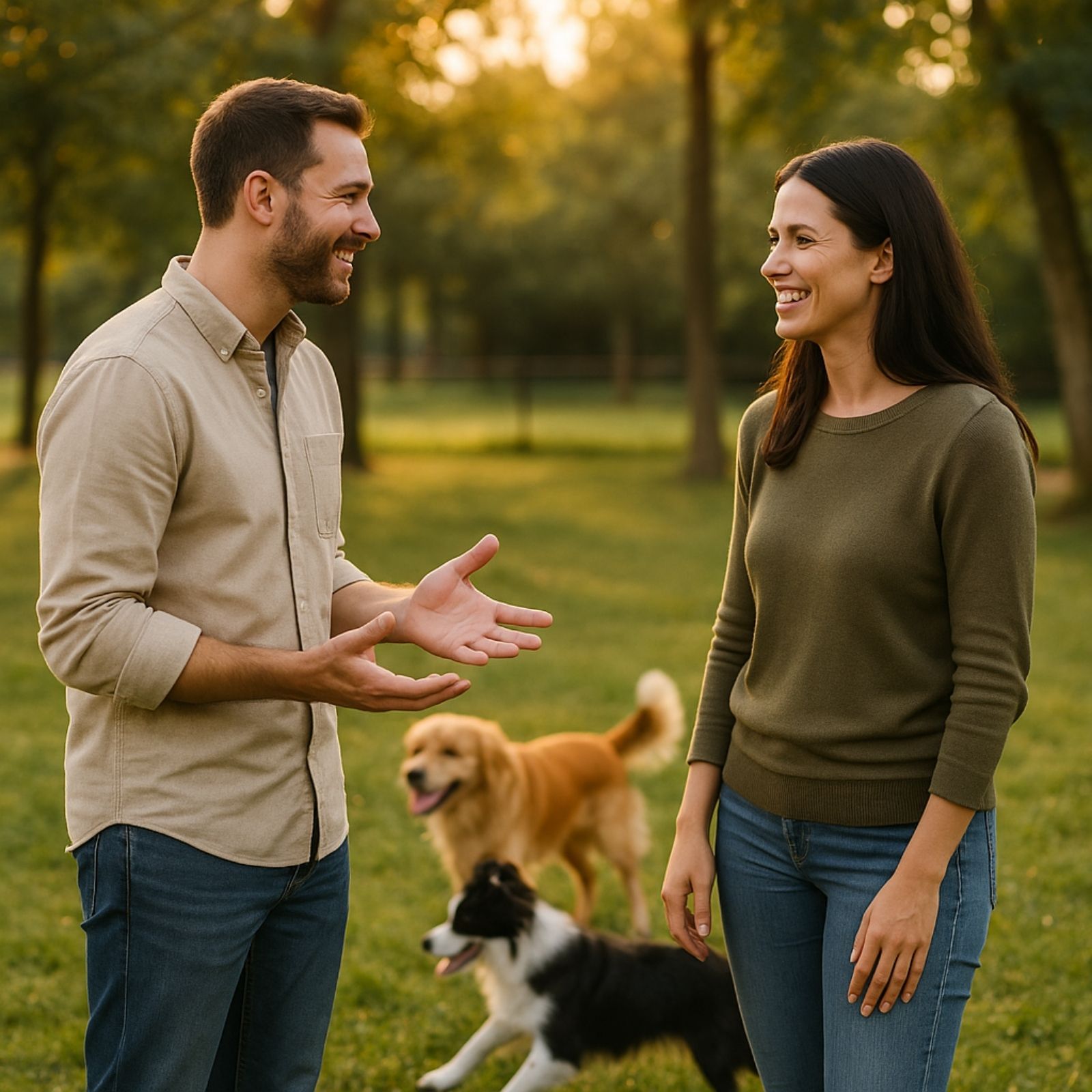 Man and woman talking in a park with their Golden Retriever and Border Collie playing freely in the background