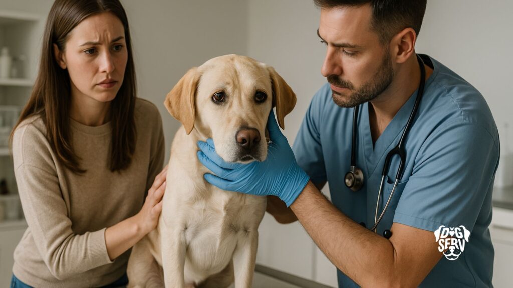 Veterinarian examining a dog on an exam table with concerned owner nearby, representing emergency care for onion poisoning