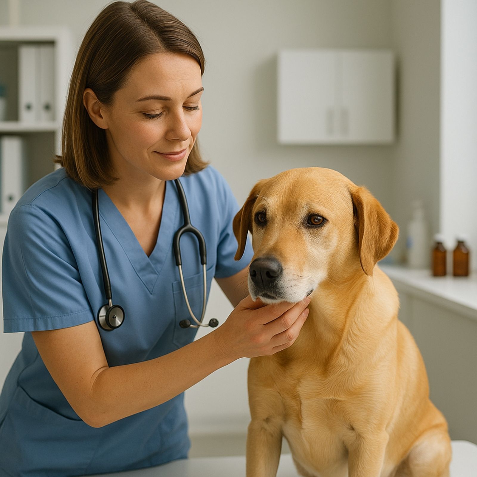 Female veterinarian gently examining a calm Labrador in a bright modern veterinary clinic
