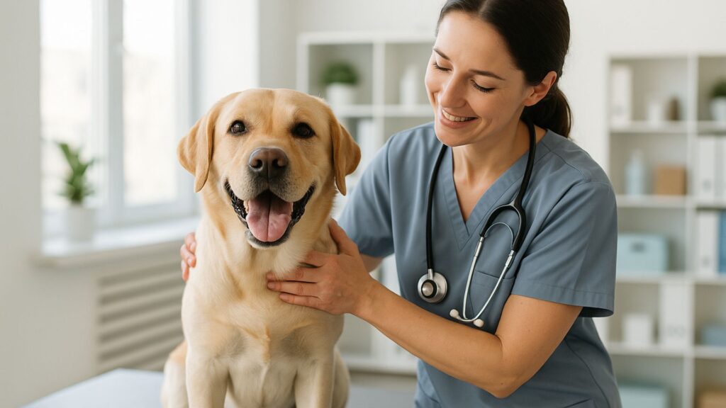 Vet gently examining a calm Labrador Retriever in a modern veterinary clinic