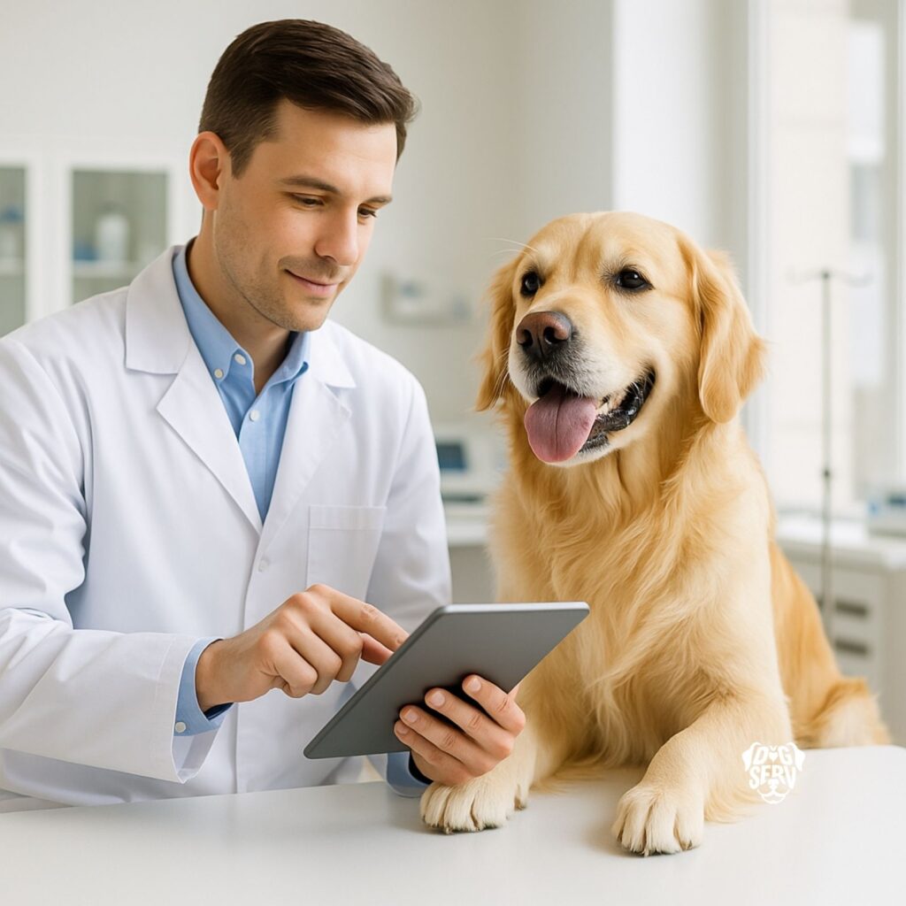 Veterinarian in white coat examines golden retriever while using tablet in modern clinic setting