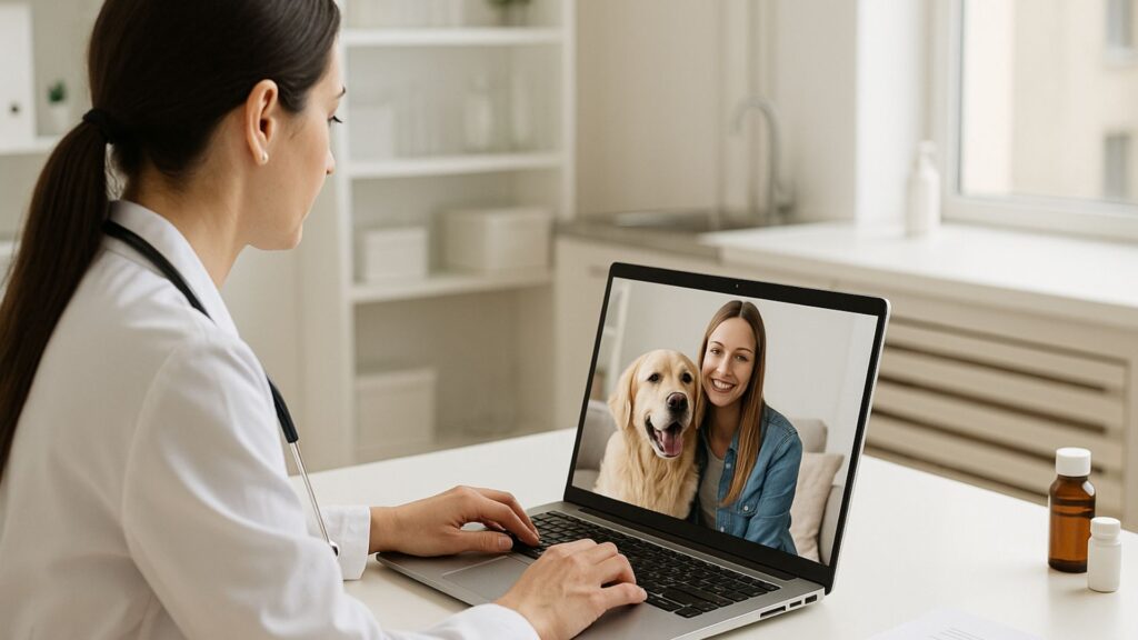 A veterinarian in a modern clinic conducting a video consultation on a laptop with a dog owner and her Golden Retriever visible on screen