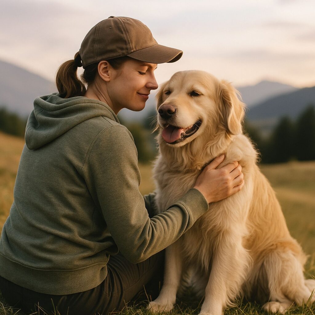 Person gently hugging a golden retriever while sitting together in a peaceful meadow at sunset